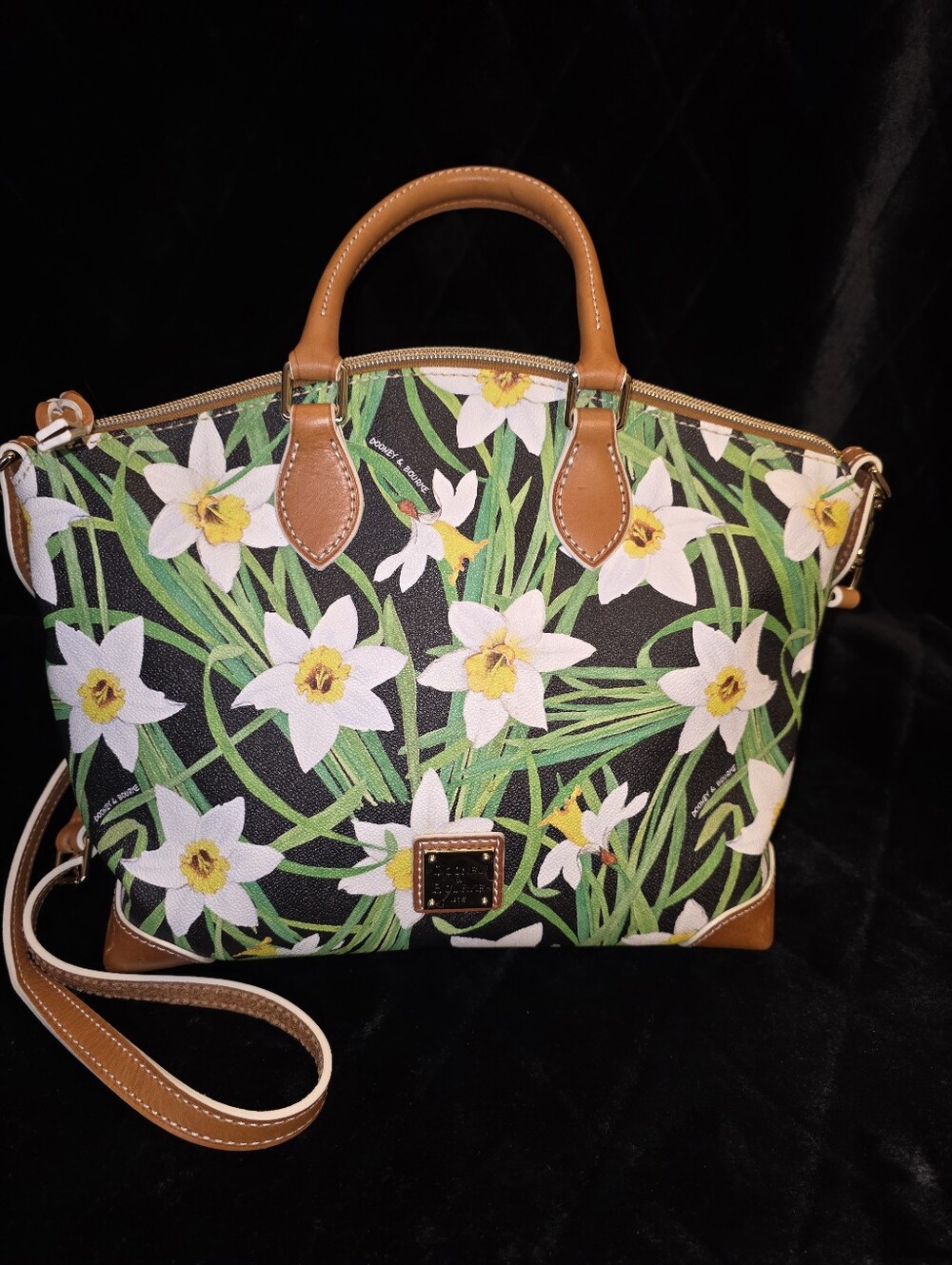 Dooney & Bourke Black Floral Dome Satchel with Brown Trim